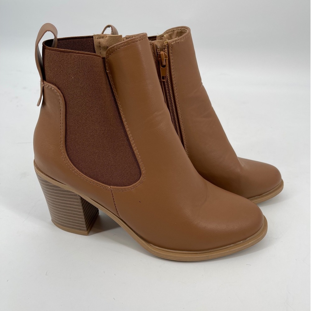 Women's Ankle Boots Chelsea Booties Side Zip Elastic Block Heel Brown Size 8.5
